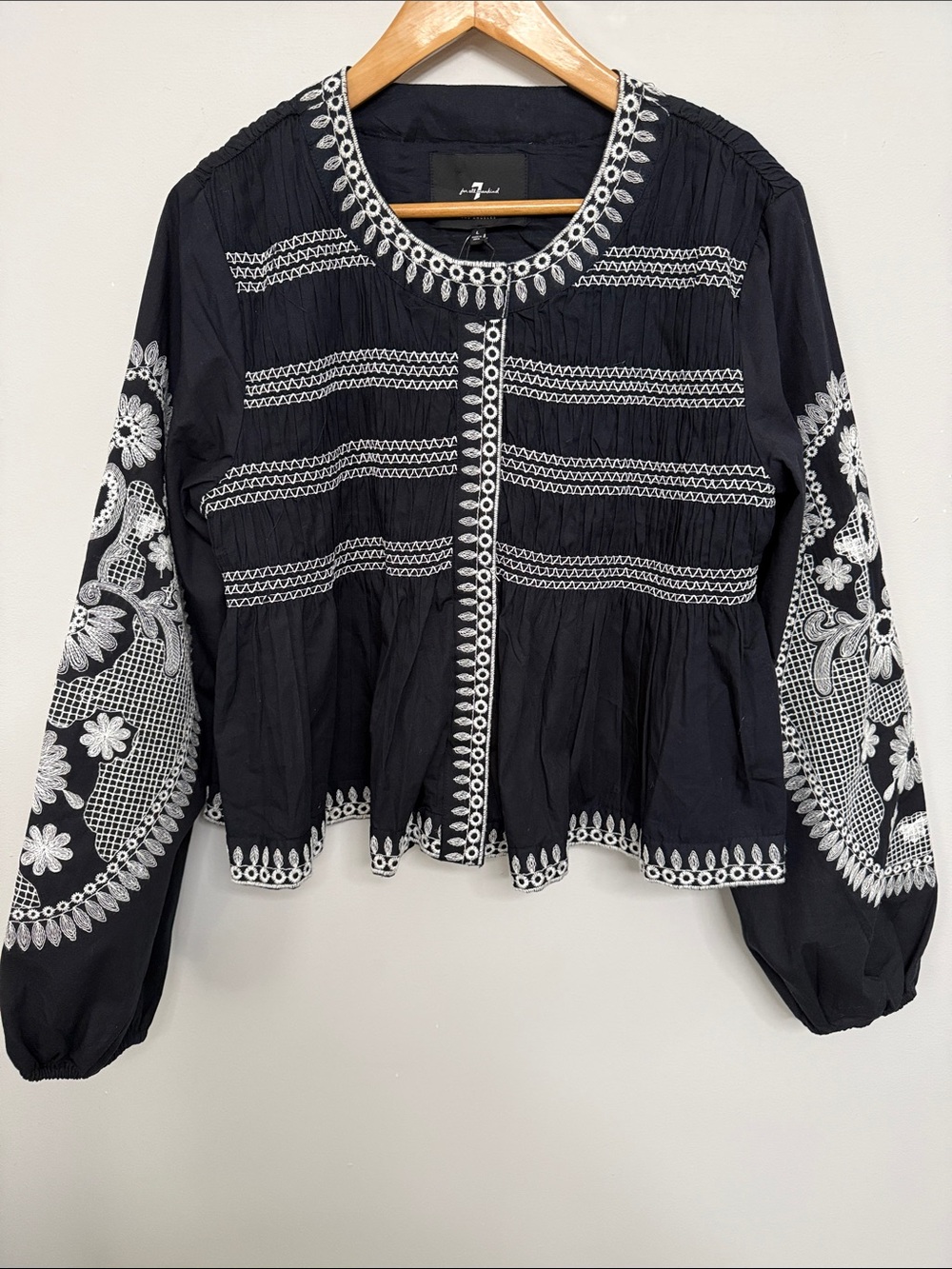 7 For All Mankind Black Embroidered Peasant Jacket with White Stitching
